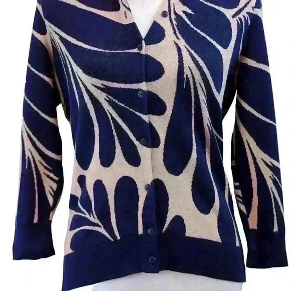 Rare Ann Taylor Navy Blue Palm Frond Cardigan – Small Petite - Picture 4 of 5